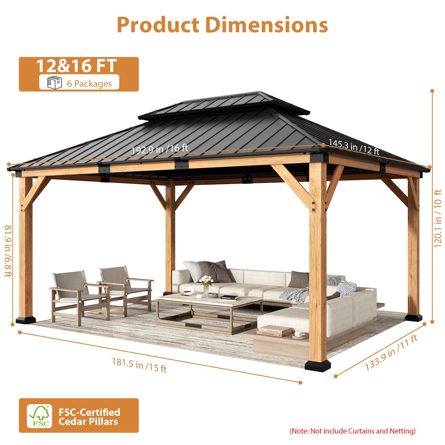 Cocosity 16FT(L) x 12FT(W) x 9.5FT(H) Outdoor Wood Gazebo, Hardtop Gazebo Permanent Wooden Pavilion with Galvanized Steel Double, Roof Snow Support for Patio, Garden, Deck, Cedar Wood
