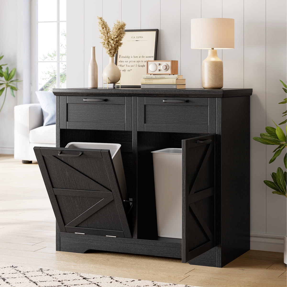 Hijob Tilt Out Cabinet, Freestanding Modern Buffet Cabinet Sideboard Coffee Bar and Kitchen Sideboard, 2 x 10 Gallon Capacity(No Include Barrel)
