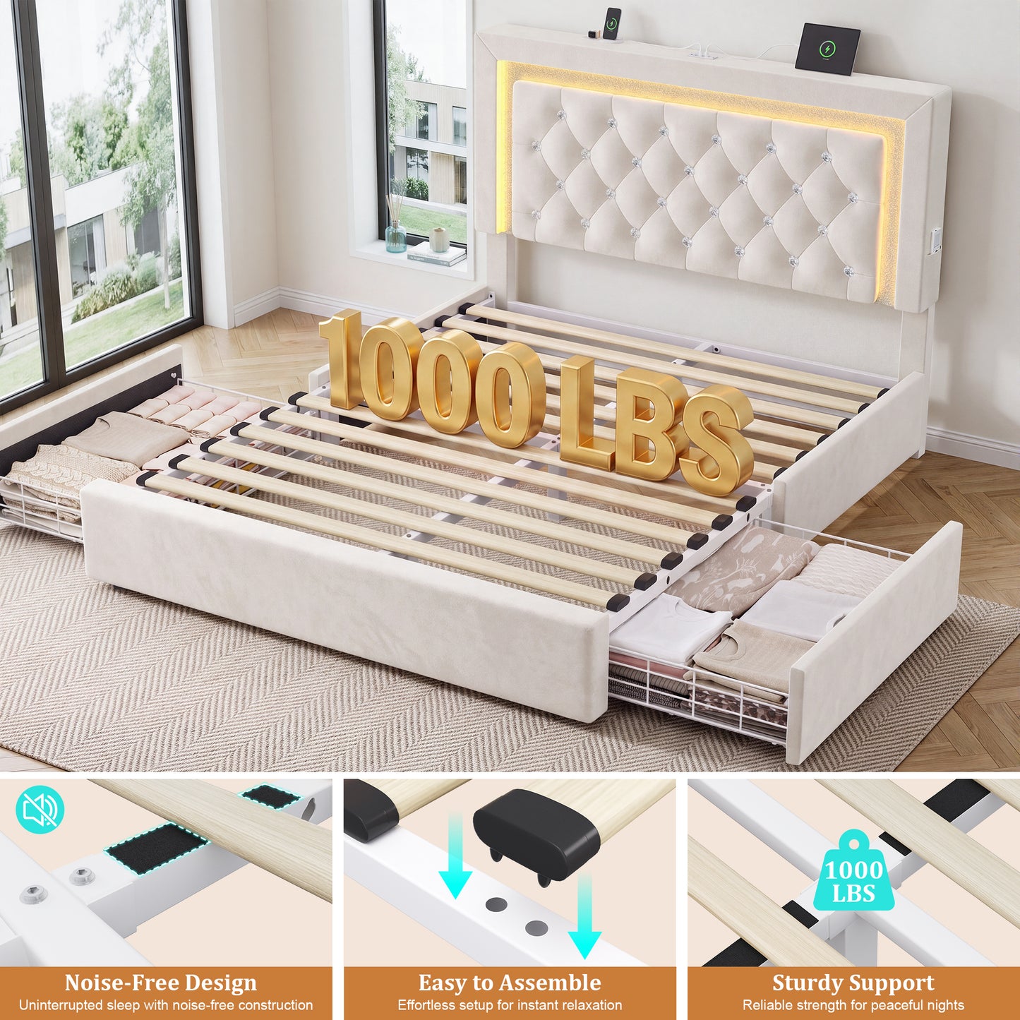 Hijob Queen Bed Frame with Headboard, Beige Velvet Tufted Headboard and 2 Storage Drawers, No Box Spring Needed, Built in Charging Station & LED Lights, Light Beige