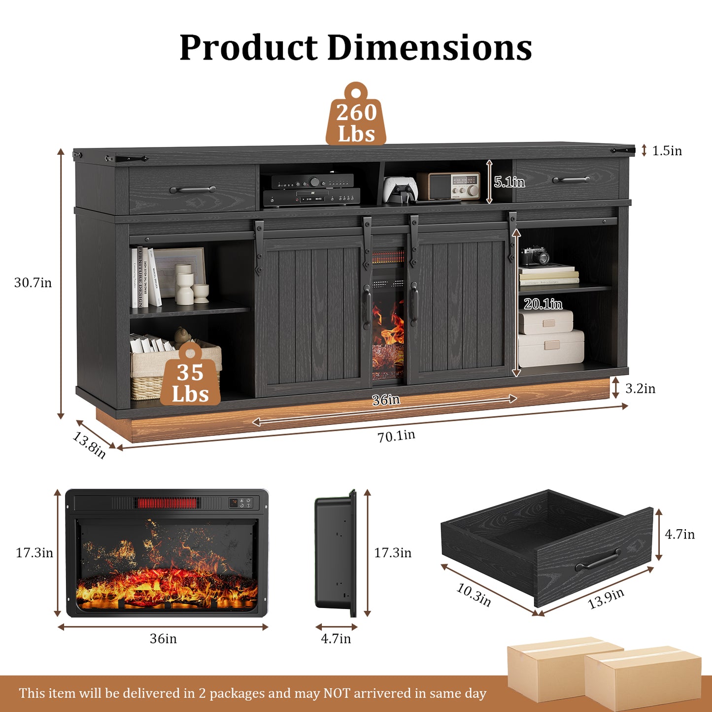 HiJob Electric Fireplace TV Stand for TVs up to 80", 36" Fireplace Entertainment Center with RGB LED Lights, Black