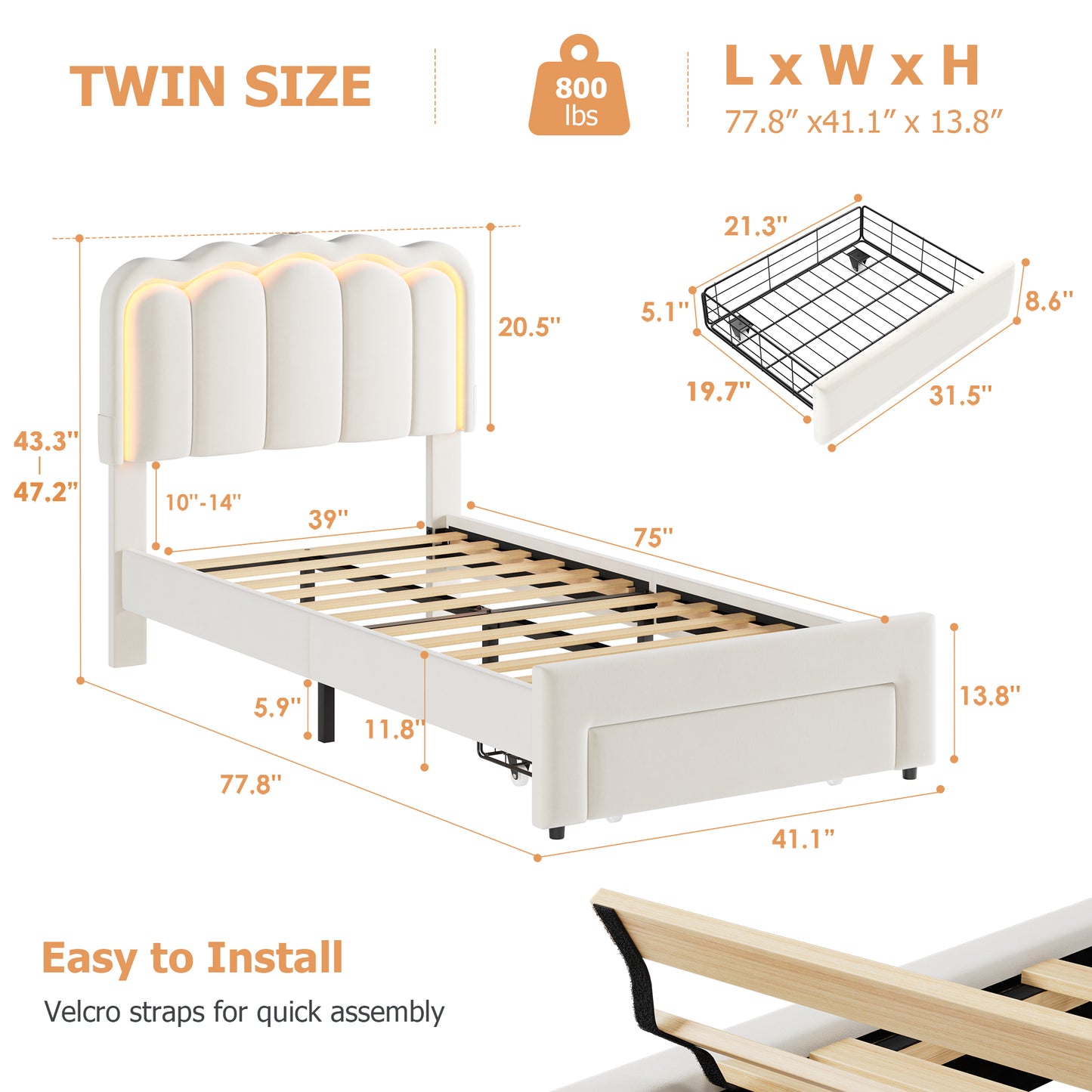 Hijob Twin Size LED Bed Frame for Girls/Kids with Storage Drawers, Velvet Upholstered Platform Bed with Adjustable Headboard, No Box Spring Needed, Beige