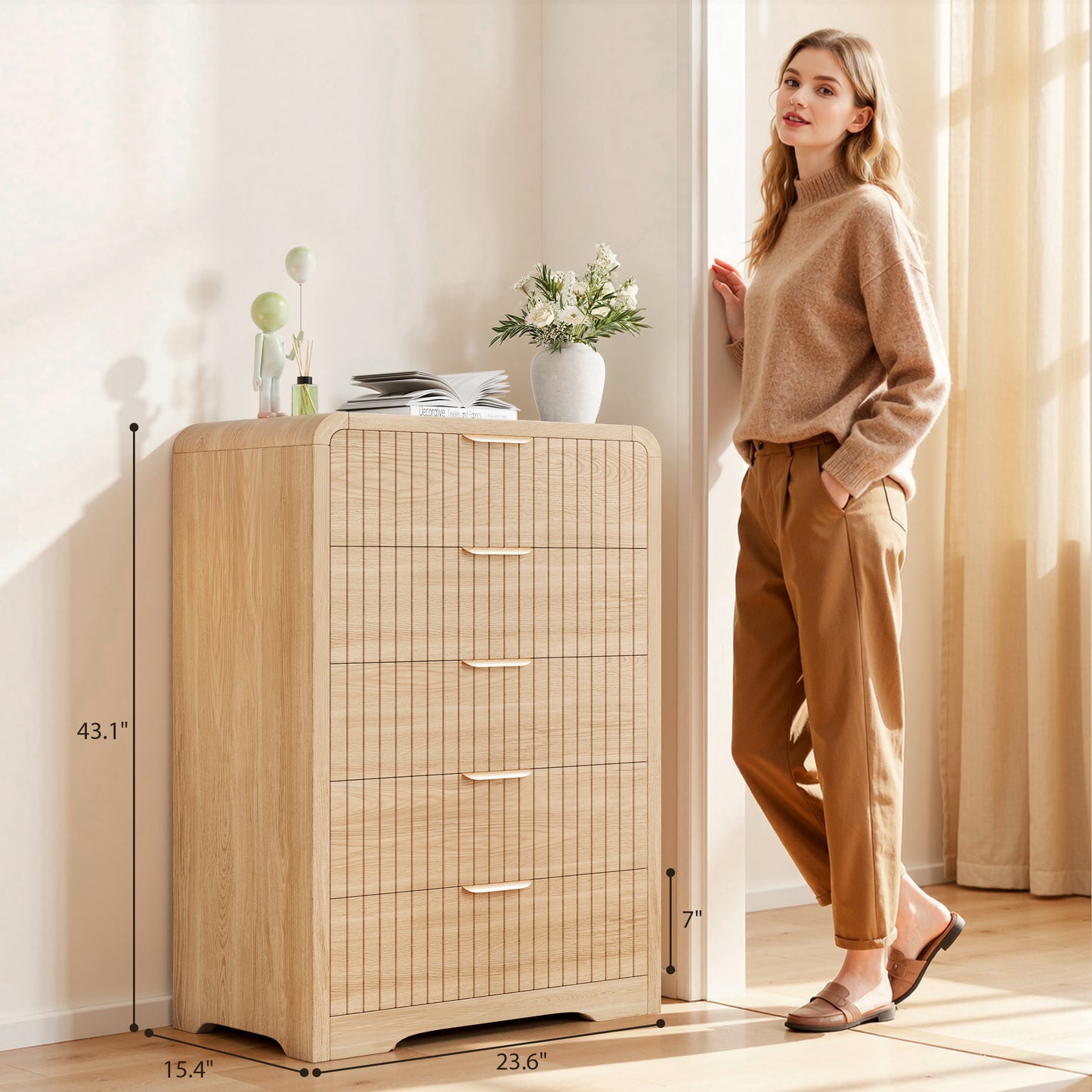 Hijob Fluted 5 Drawers Dresser for Bedroom, 42" Tall Dressers with Metal Handle w/Curved Profile Design, Wood Mid Century Vertical Dresser w/Natural Texture for Bedroom, Living Room, Natural Oak