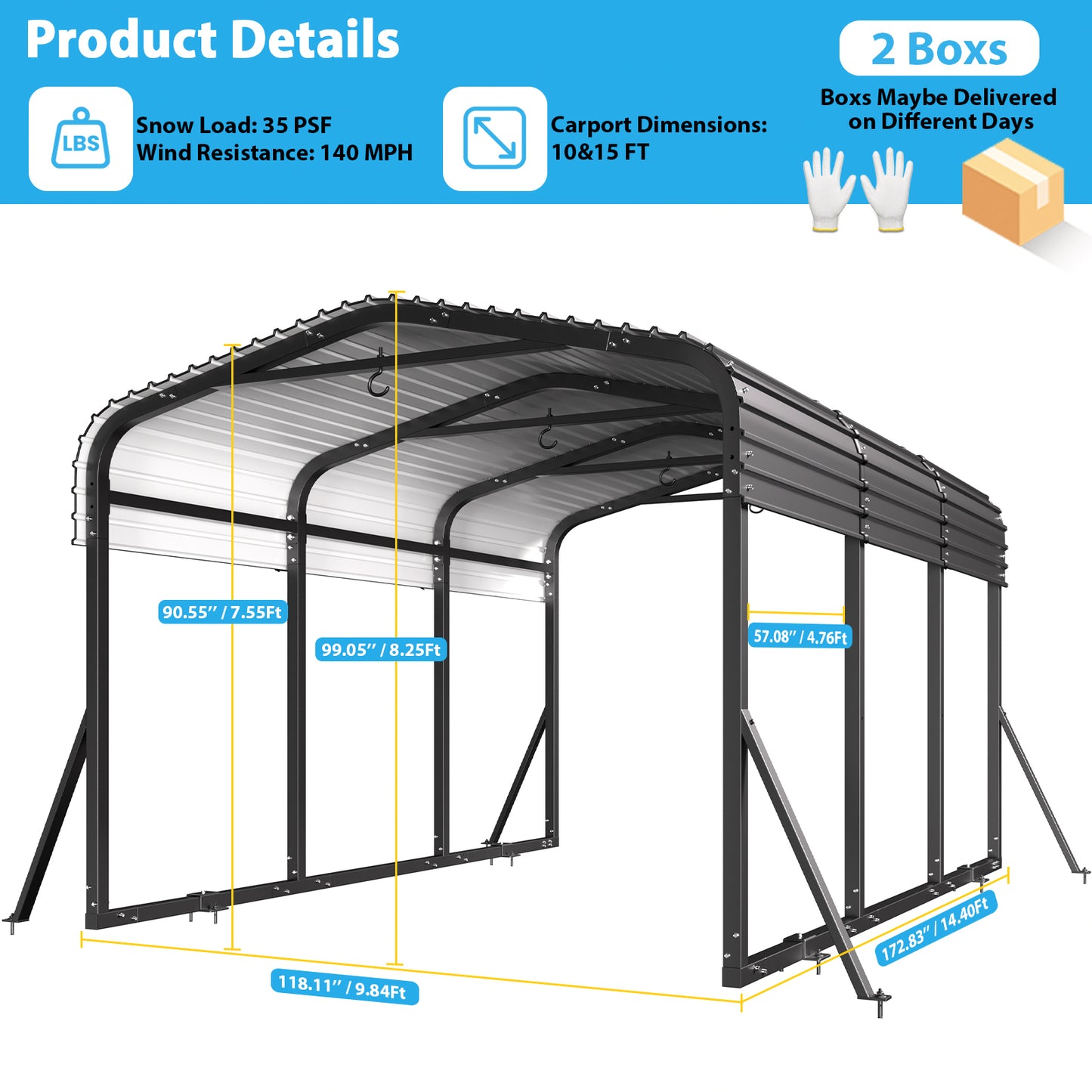 Cocosity 10x15 FT Outdoor Metal Hardtop Carport with All-Weather Galvanized Steel Roof, Multi‑Use Heavy Duty Car Shelter with Reinforced Ground Anchors for Cars, Boats, Tractor, Black