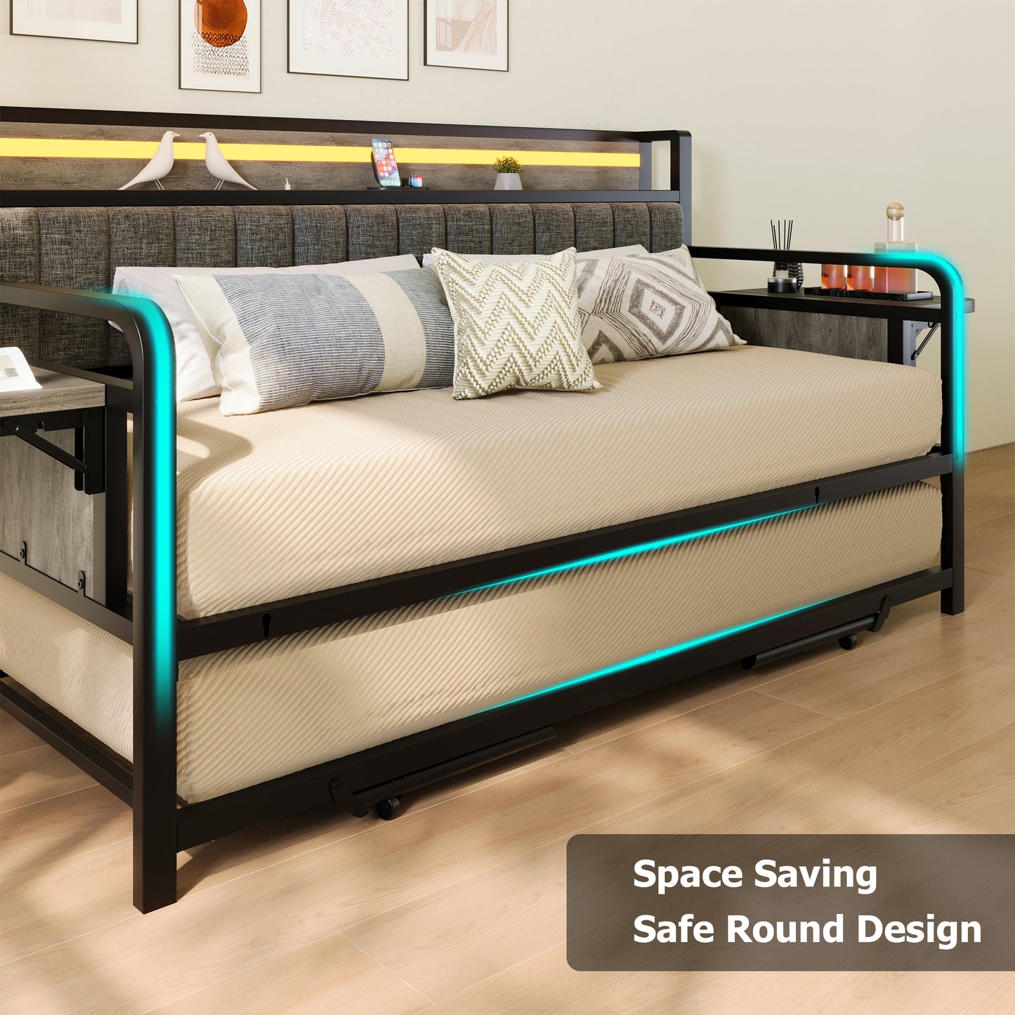 Hijob Twin to King Daybed with Side Table, Heavy Duty Metal Bed Frame with Pop Up Trundle, LED Lights Charging Station Upholstered Storage Headboard, Twin Sofa Bed for Living Room Guest Room, Gray