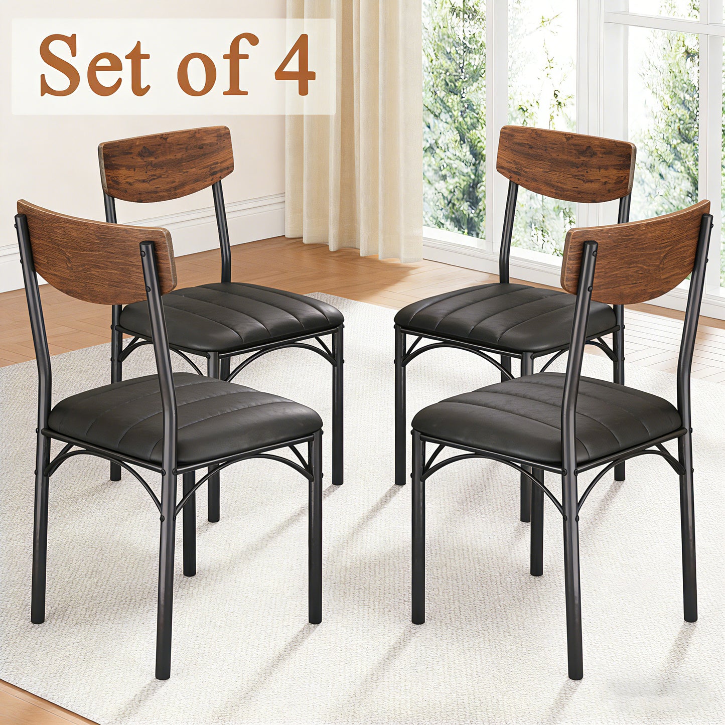 Hijob Dining Chair Set of 4, PU Leather Dining Room Chairs, Rustic Kitchen Armless Side Chair with Iron Legs, Black&Brown