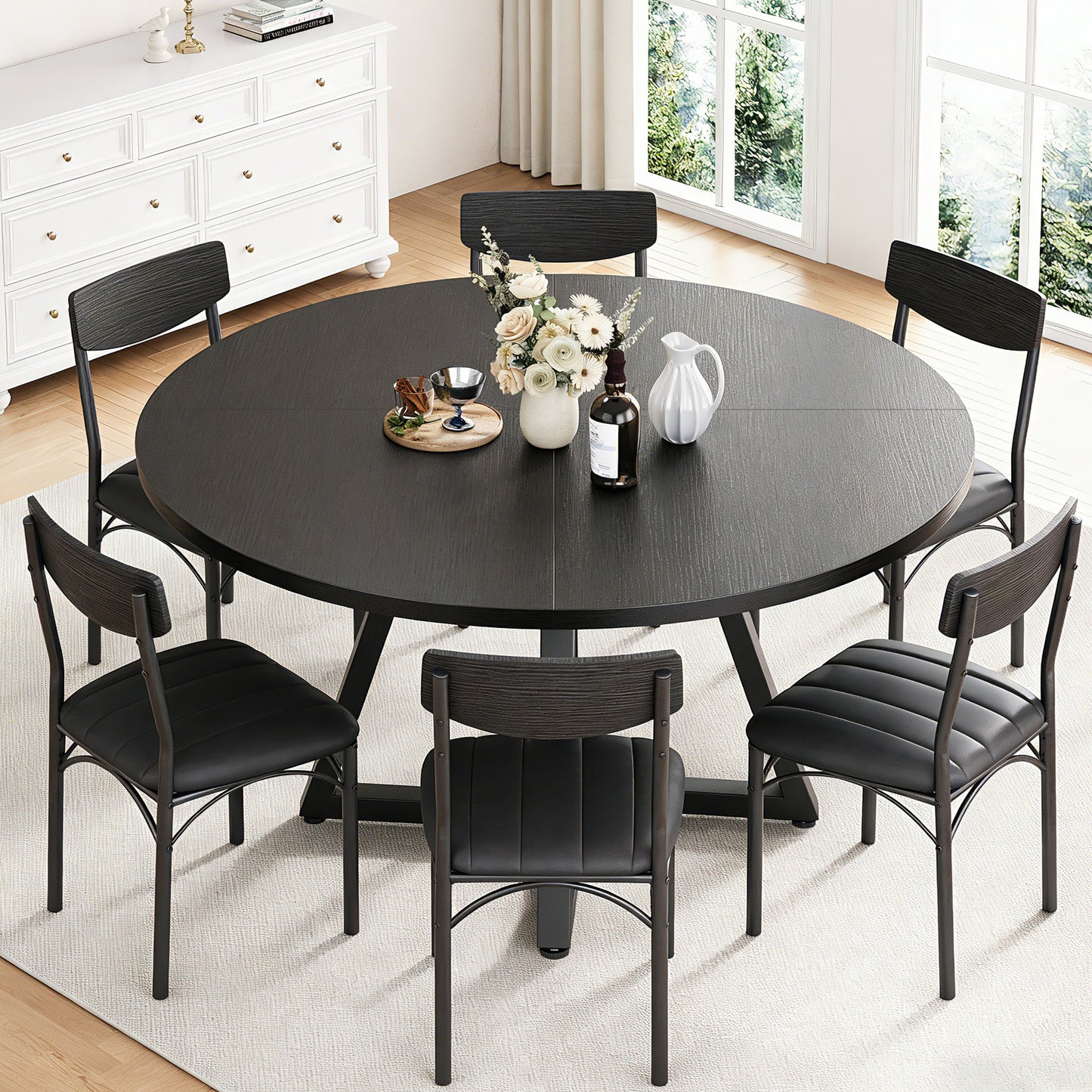 Hijob 51in Round Dining Table for 6-8 Persons, Circle Dinner Table Pedestal Metal Frame, Kitcen Table Sturdy Wood Kitchen & Dining Room Furniture, Black(Only table)