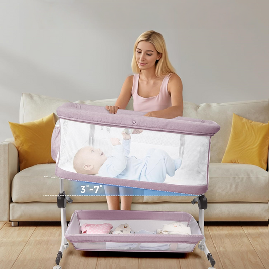 Minikid 3-in-1 Baby Bassinet Bedside Sleeper, 6 Height Adjustments, Full Mesh Breathable, Portable Newborn Baby Crib with Storage Basket, Pinkish Purple
