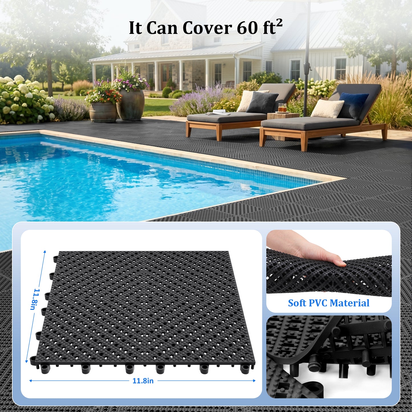 Vipuse 60PCS Interlocking Tile Cushion,12" x 12" Drainage Floor Mats, Soft PVC Non-Slip Tiles with Drainage Holes for Wet Areas like Bathrooms, Kitchens, Pools, and Restrooms, Black