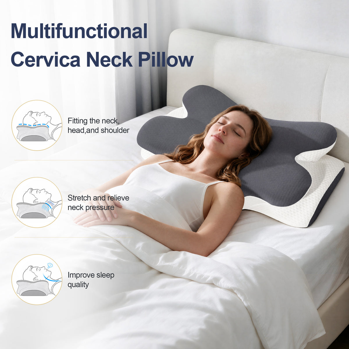 Vipuse Memory Foam Ergonomic Cervical Neck Support Bed Pillows for Side Back Stomach Sleeper Sleeping