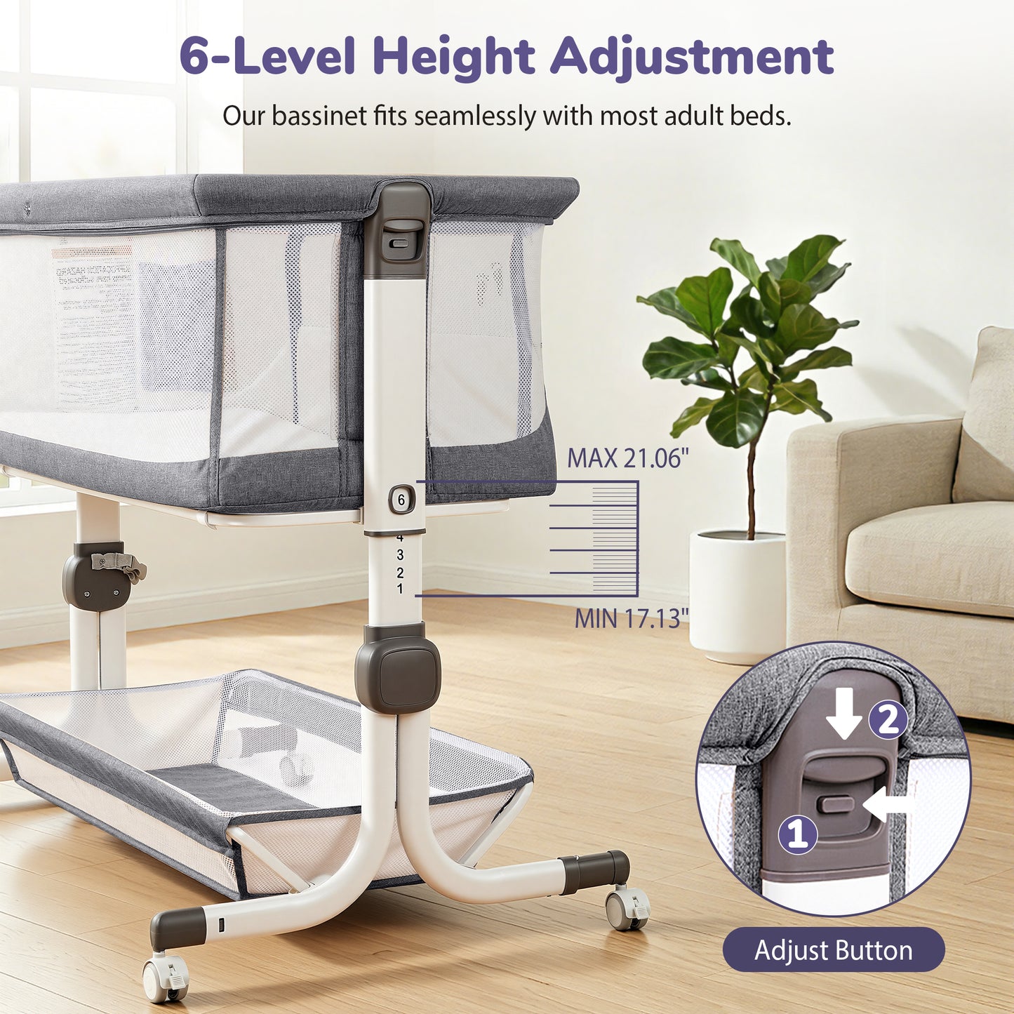 Minikid 3-in-1 Baby Bassinet Bedside Sleeper, 6 Height Adjustments, Full Mesh Breathable, Portable Newborn Baby Crib with Storage Basket,Dark Gray