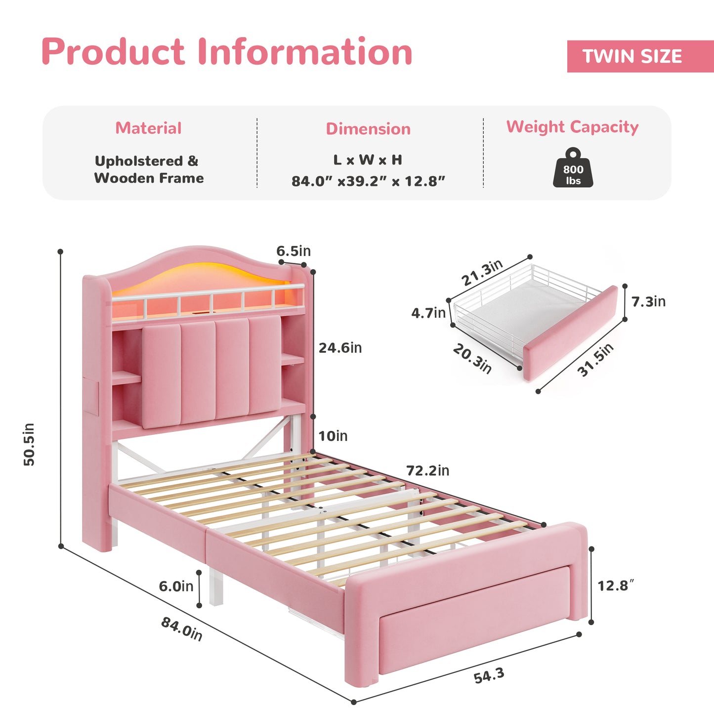 Hijob Pink Velvet Upholstered Platform Twin Size LED Bed Frame with Drawer Adjustable Lighted Headboard for Girls Kid's Bedroom
