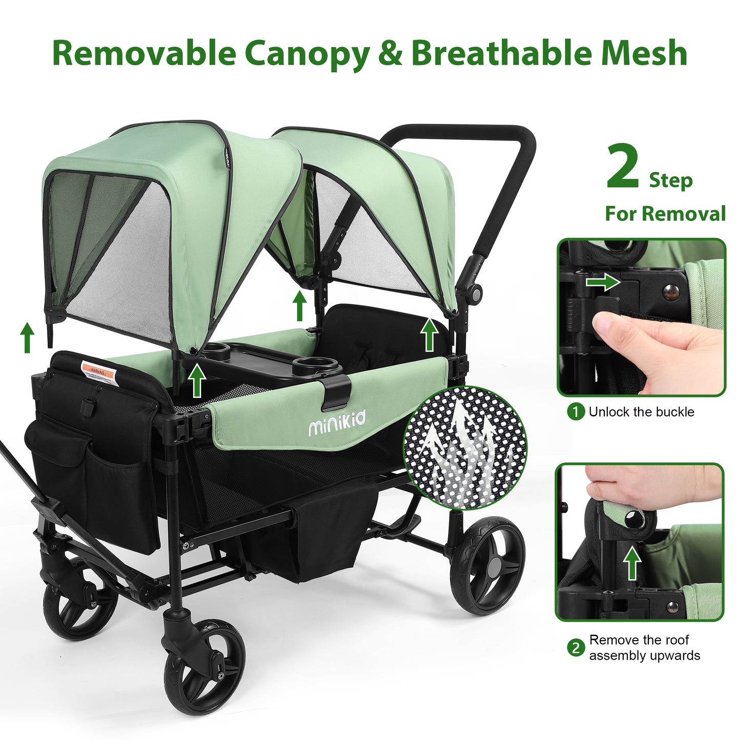 Minikid Baby Stroller Wagon With Canopy,Organizer,Adjustable Handle & Pull Bar for Infants and Toddlers,Green