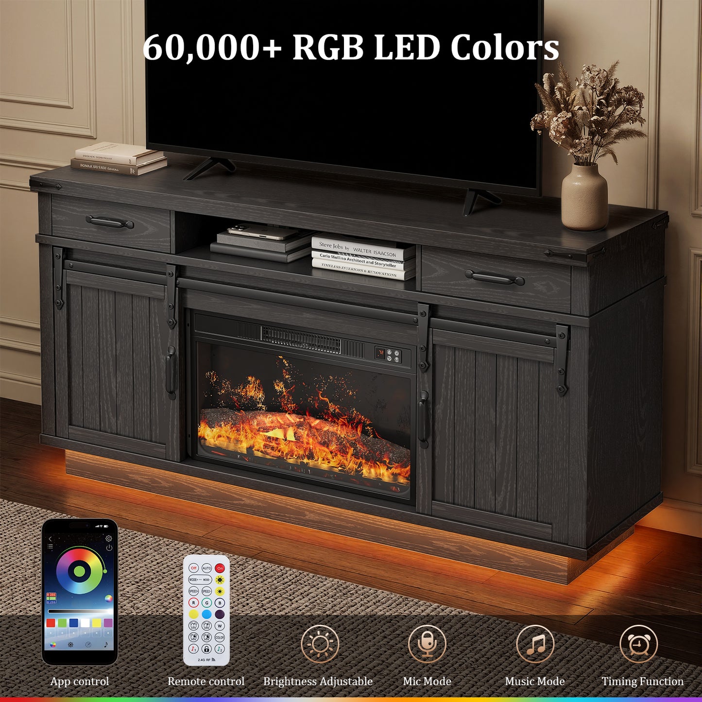 HiJob Electric Fireplace TV Stand for 75″ TVs with 23″Fireplace, Holds up to 260 lbs,Black