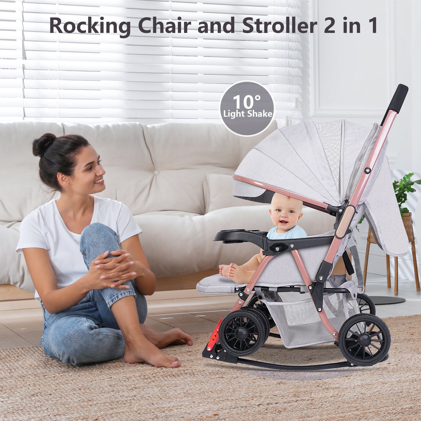 Welbabel Foldable Baby Stroller,Infant Pram Stroller Convertible Into Rocking Chair, Bassinet Stroller for Toddler,Adjustable Canopy & Backrest,Oversize Basket,Two-Way Push,Gray