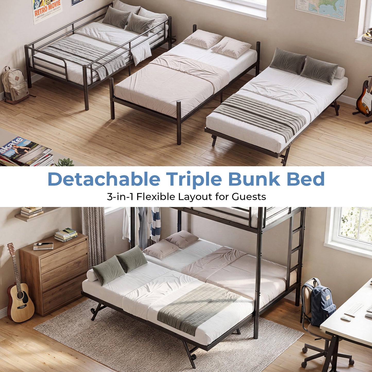 HiJob Triple Bunk Bed Frame with Trundle, Heavy Duty Twin Over Twin Metal Bunk Bed Converts to King with Storage Shelf