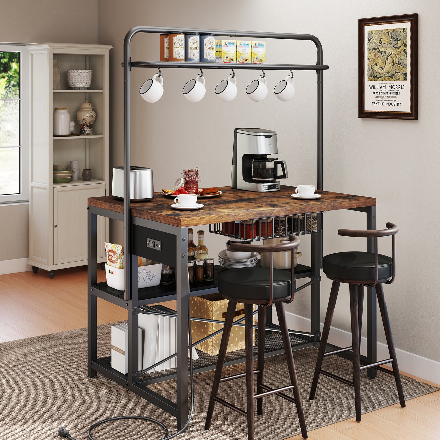 Anyact Kitchen Island with Power Outlet&5 Hooks, Bakers Rack with Storage,Industrial Coffee Bar Table for Kitchen Dining Living Room(Vintage Brown)