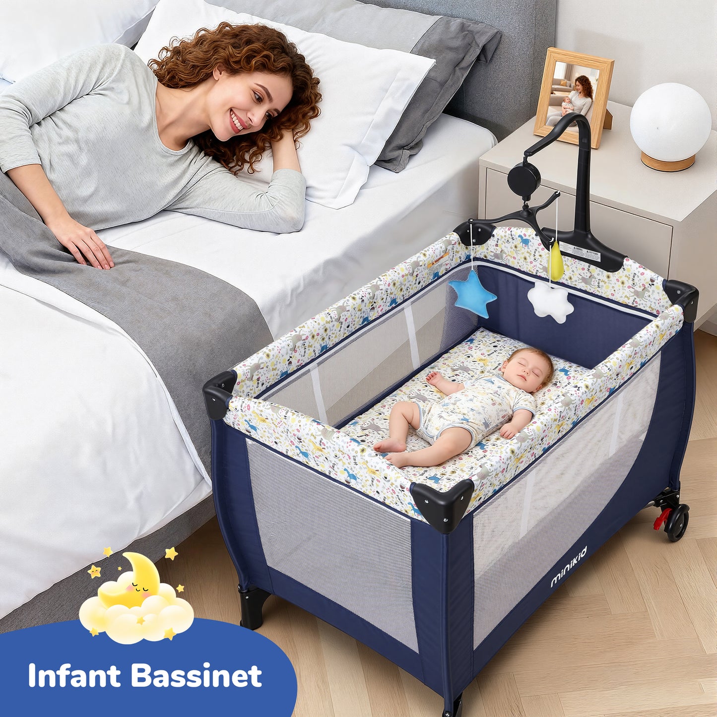 Minikid Baby Playard with Bassinet,Unisex Playpen Include Music Box and Hanging Toys,Portable Crib for Newborn to Toddlers,Blue