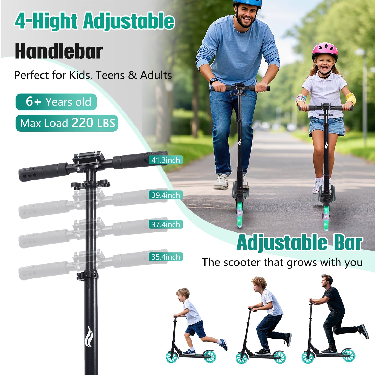 Skyhot Kick Scooter for Ages 6+, Sturdy Wide Deck Rear Brake Scooter for Teens