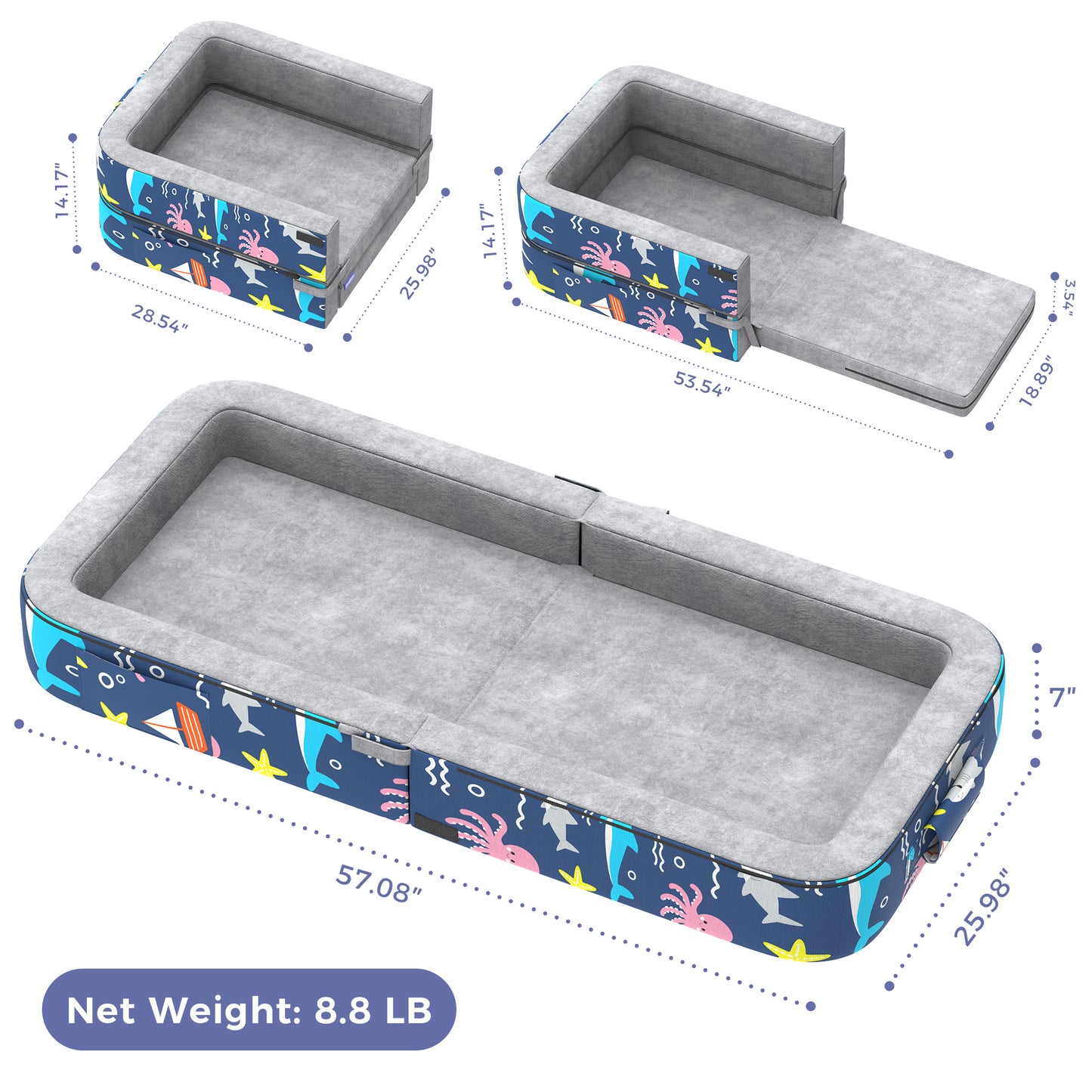 Minikid 3-in-1 Toddler Travel Bed,Foldable Kid Toddler Sofa Bed for Kids Camping Vacation,Memory Foam Filling,Grey