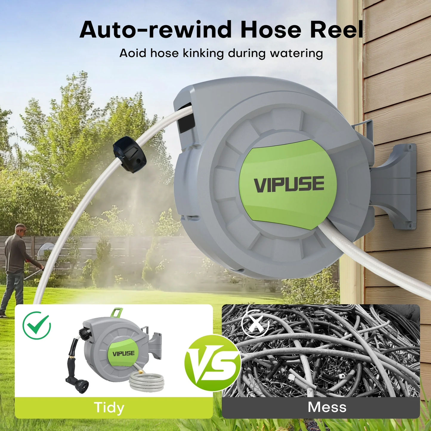 Vipuse Retractable Garden Hose Reel, 1/2 Inch x 100 ft Wall Mounted Garden Hose Reel, with 10 Pattern Nozzle, Any Length Lock, Slow Return System, 180° Swivel Bracket