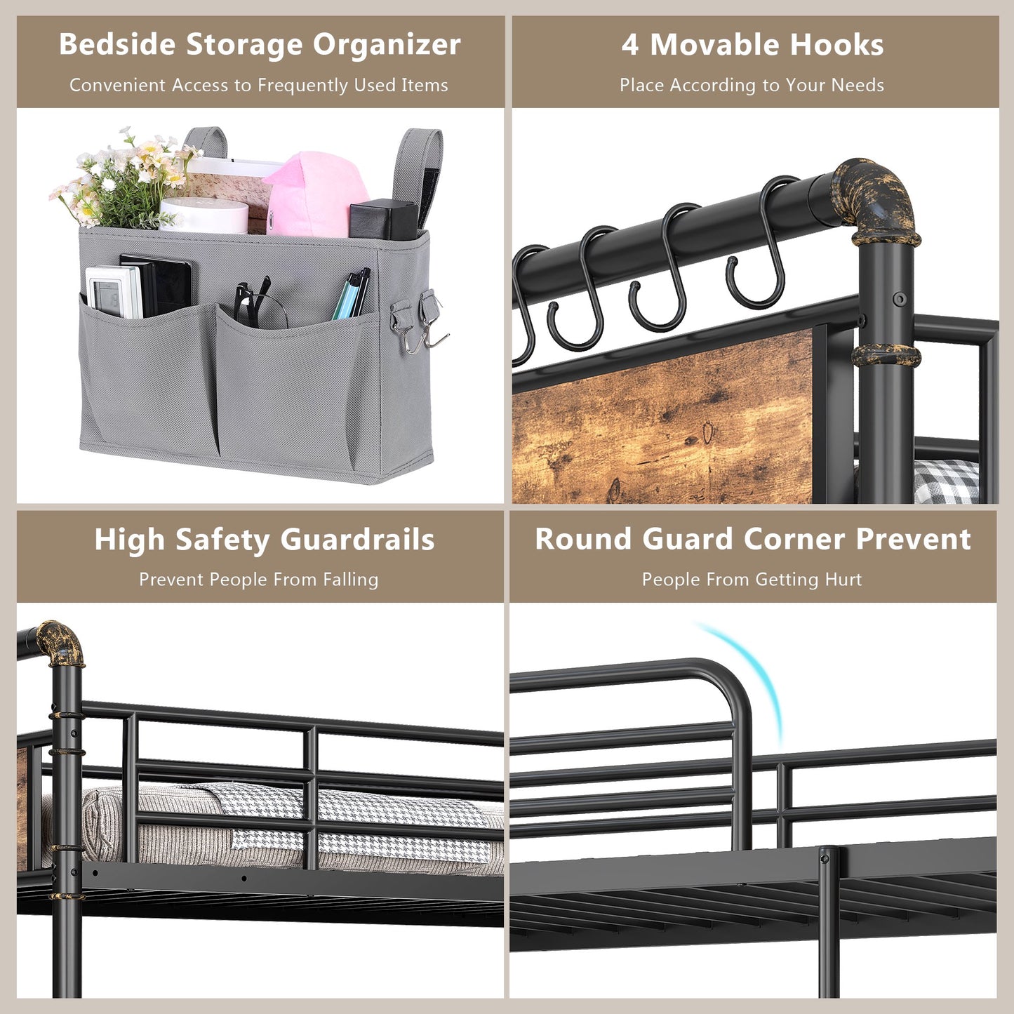 Hijob Twin over Full Bunk Bed, Antique Heavy Duty Metal Bed Frame with Storage Bag&Hooks for Adults Teens, Convertible into 2 Seperate Beds, Black&Brown