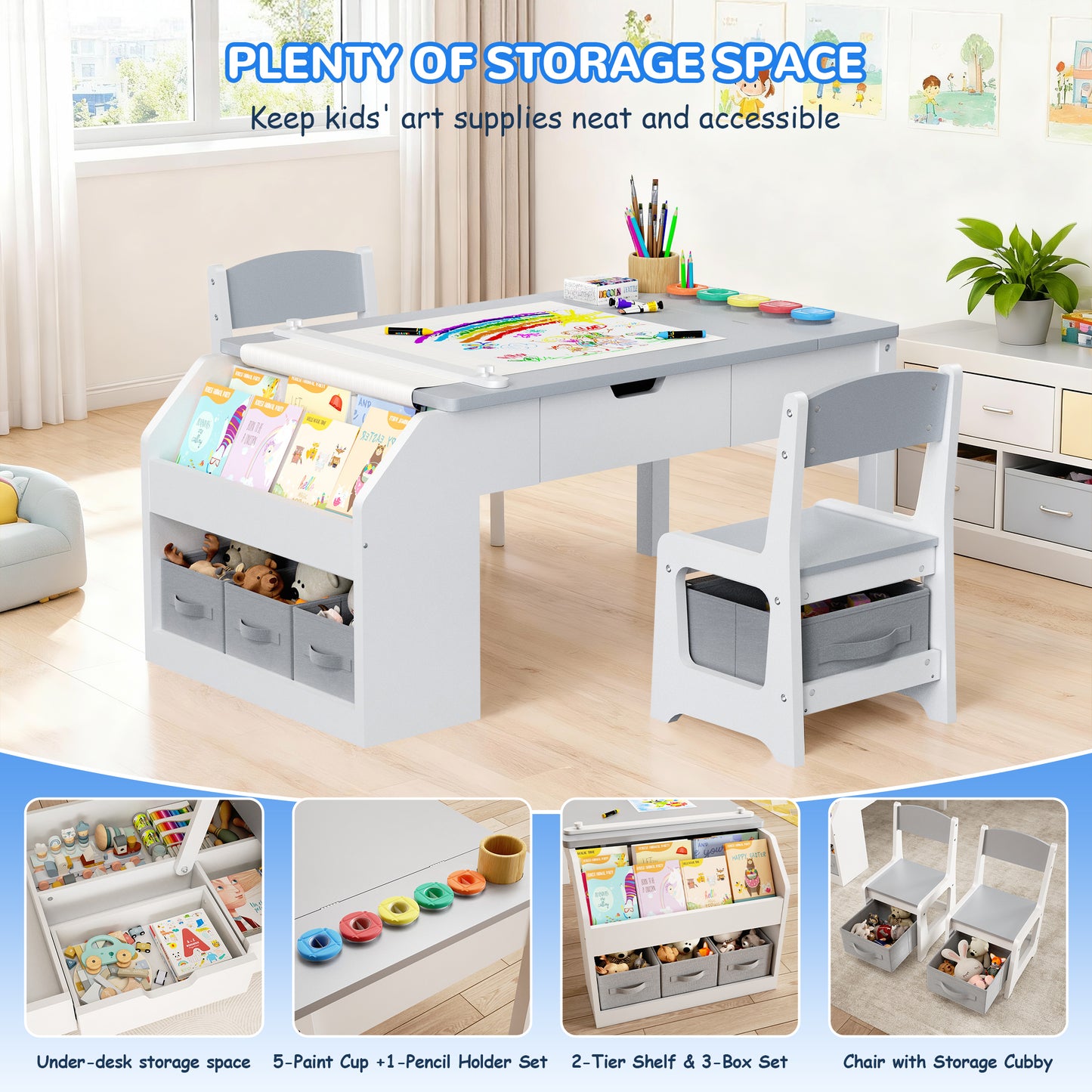 Hijob 5-in-1 Kids Art Table & Chair Set – Convertible Easel with Paper Roll Holder, Storage Drawers & Foldable Craft Desk, Toddler Activity Learning Center for Playroom, Gray
