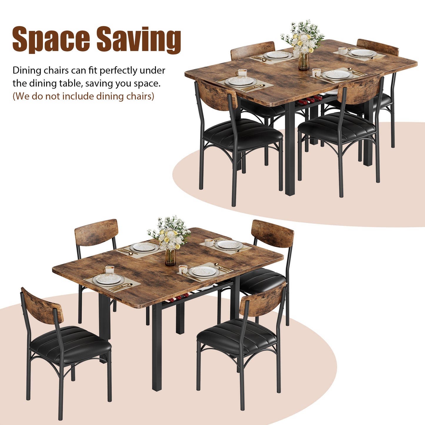 Anyact 47in Extendable Dining Table, Dining Table for 2-6, Kitchen Dining Room Table with Storage Shelf, Space Saving Expandable Wood Square Dinner Furniture(Only Table)