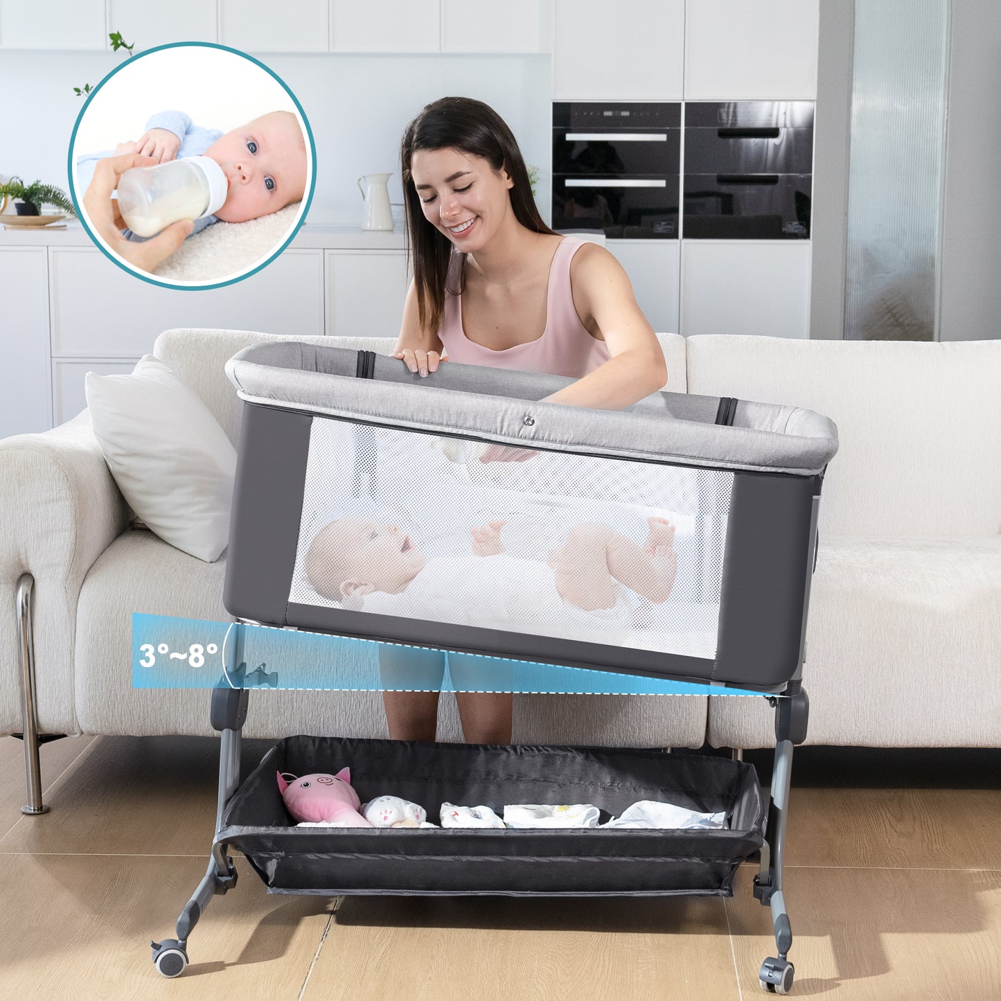 Anyask Baby Bedside Bassinet with 6 Height Adjustable & Mosquito Net & Storage&Lockable Wheels for Infants, Dark Grey