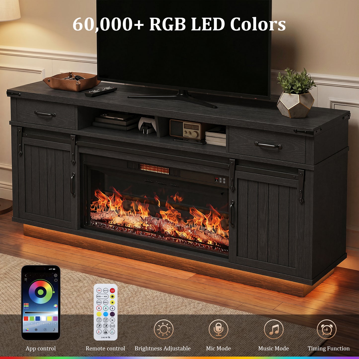 HiJob Electric Fireplace TV Stand for TVs up to 80", 36" Fireplace Entertainment Center with RGB LED Lights, Black