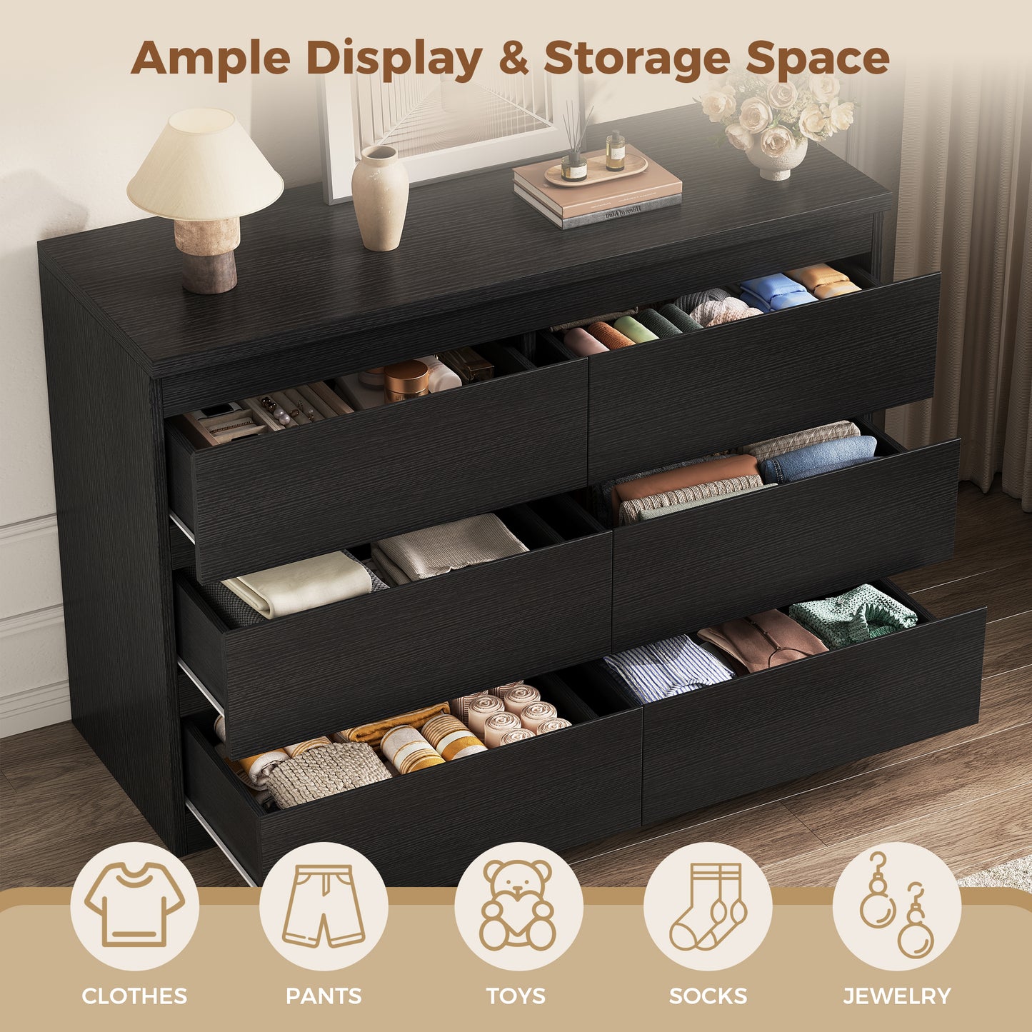 Hijob 6-Drawer Dresser, Modern Dresser 47.3" W x 15.4" D x 32.3" H Sturdy Simply Chest of Drawers, Handle-Free Storage Organizer and Deep Drawers for Bedroom Living Room Entryway, Black