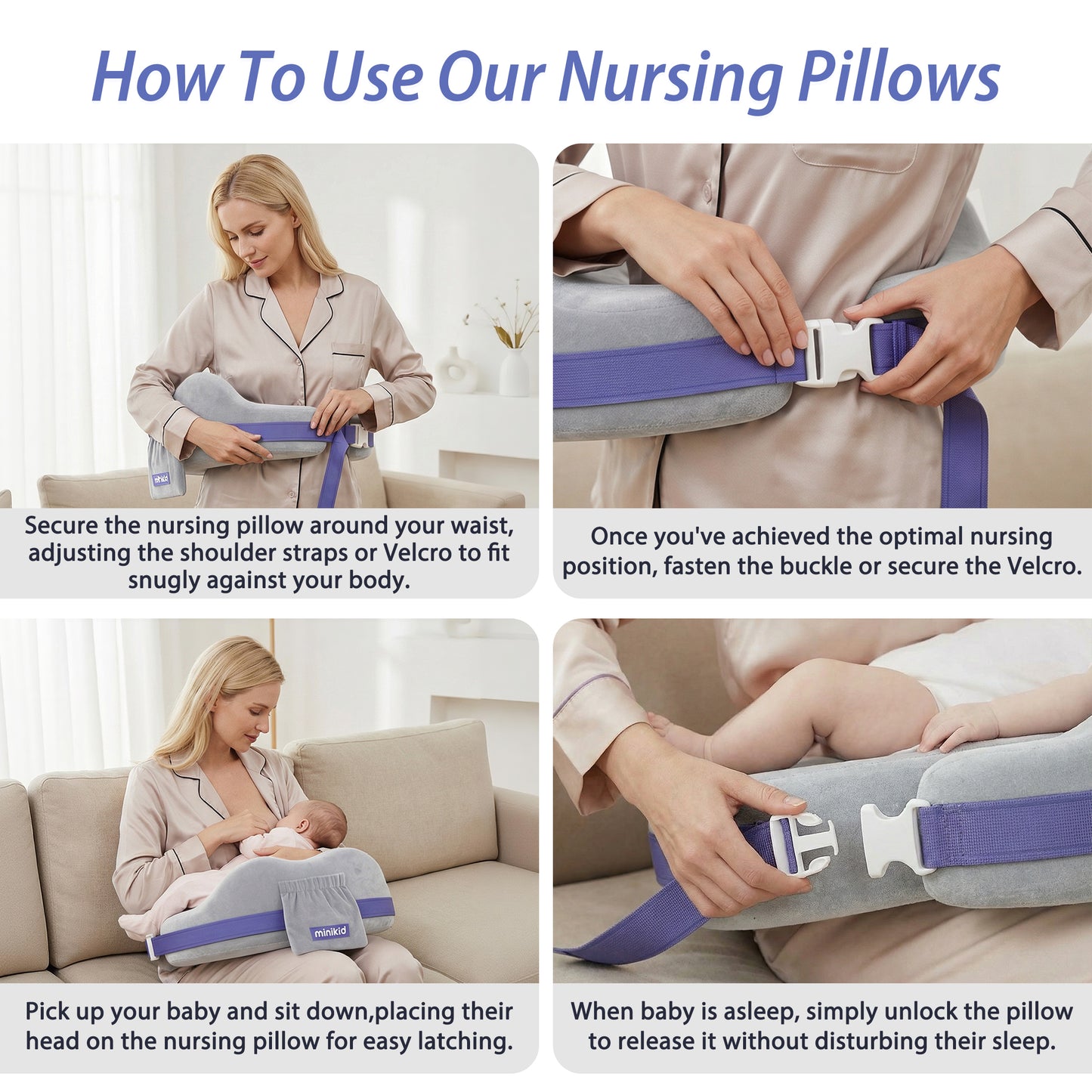 Minikid Nursing Pillow for Breastfeeding,60D Firm Memory Foam, Ergonomic Design with Lumbar & Arm Support, Safety Fence, Adjustable,Safe and Comfortable Feeding