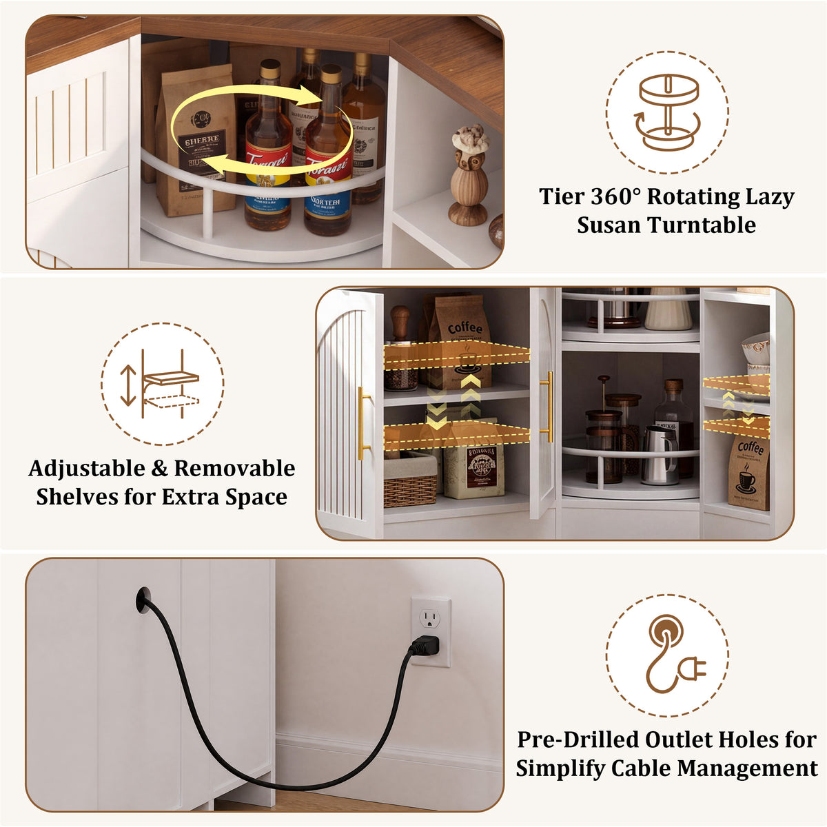 HiJob 47.3" Wide Corner Coffee Bar Cabinet with Charging Station and 2-Tier Lazy Susan, L-Shaped Kitchen Fluted Buffet Sideboard with Drawer and Microwave Shelf, White