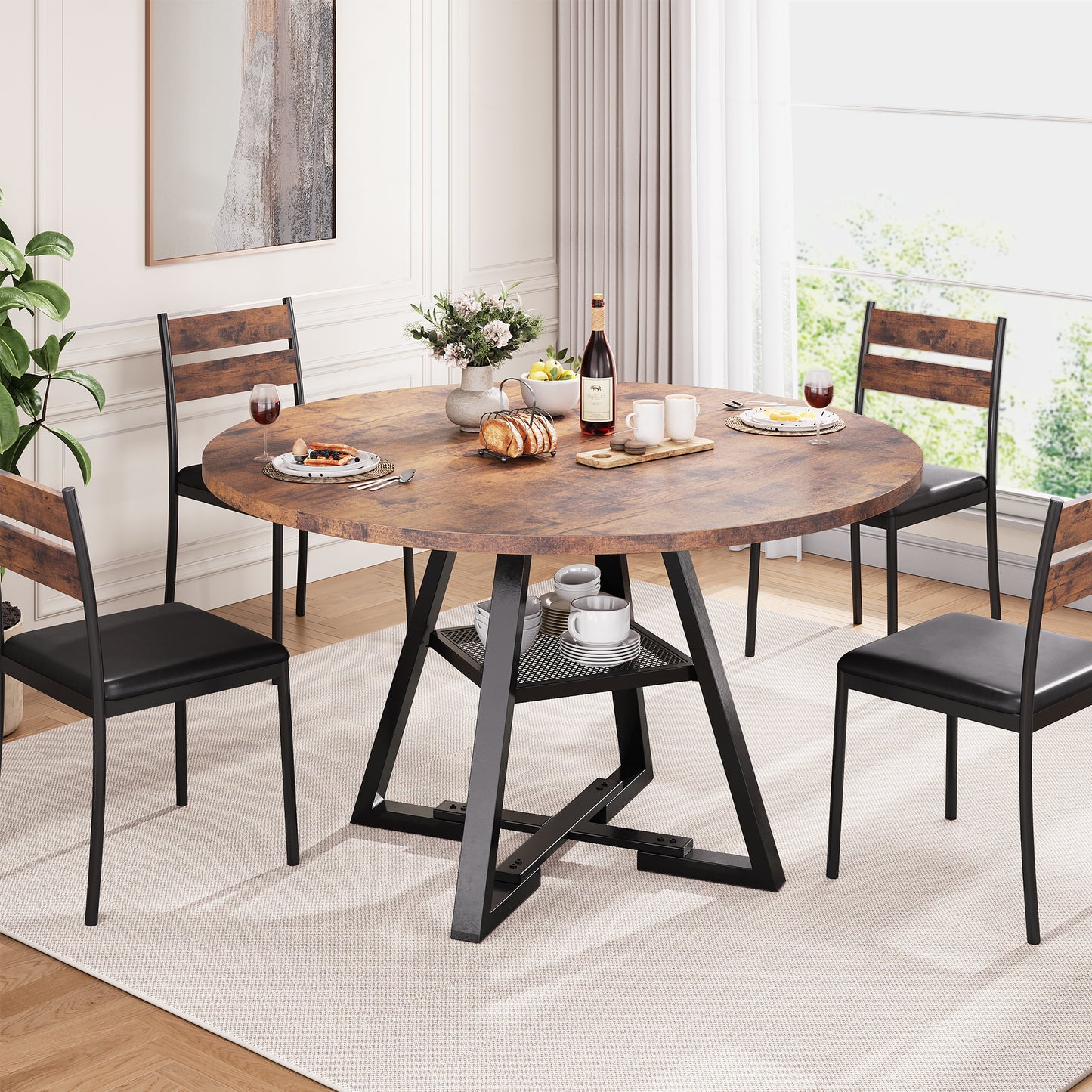 Anyact 47 inch Wood Dining Table for 4, Round Kitchen Dining Table with Storage Shelf for Home Dining Room Living Room, Brown(Only Table)