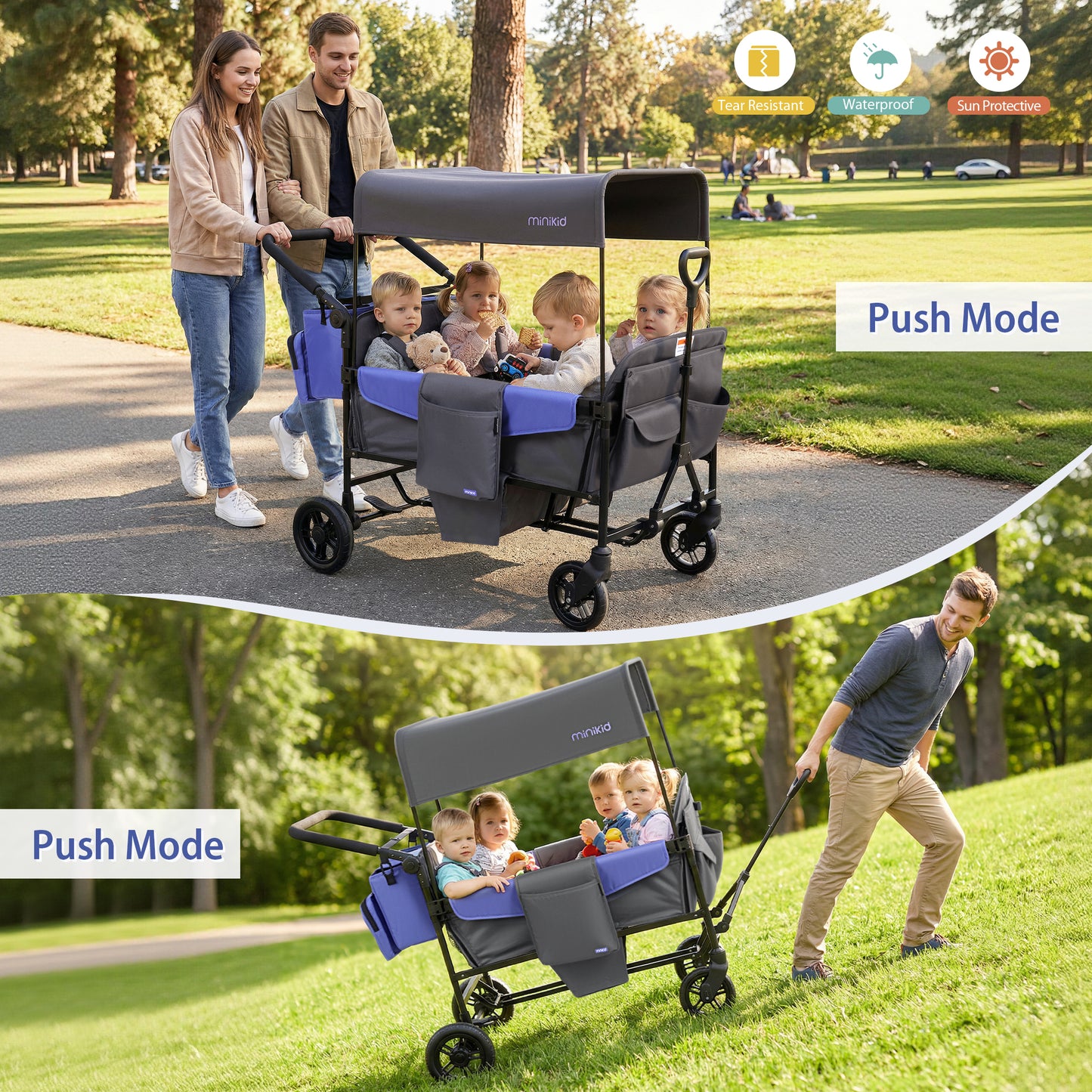 Minikid 4 Seater Wagon Stroller with Canopy,5-Point Harness,Adjustable Handlebars for Baby Toddlers,Gray