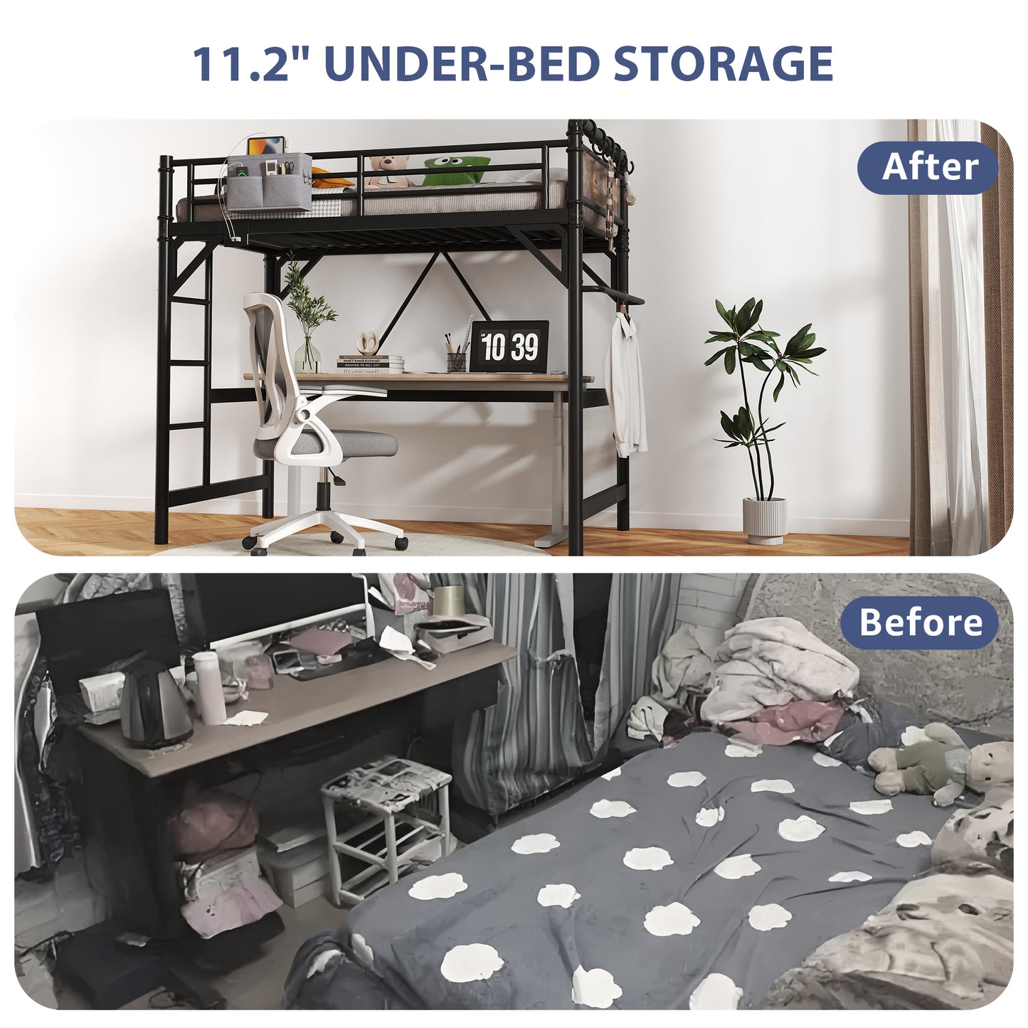 Hijob Twin Size Loft Bed with Removable Charging Station, LED Lights, Industrial Heavy Duty Metal Twin Loft Bed with Multi-functional Fabric Storage and Safety Guard Rails for Space, Black