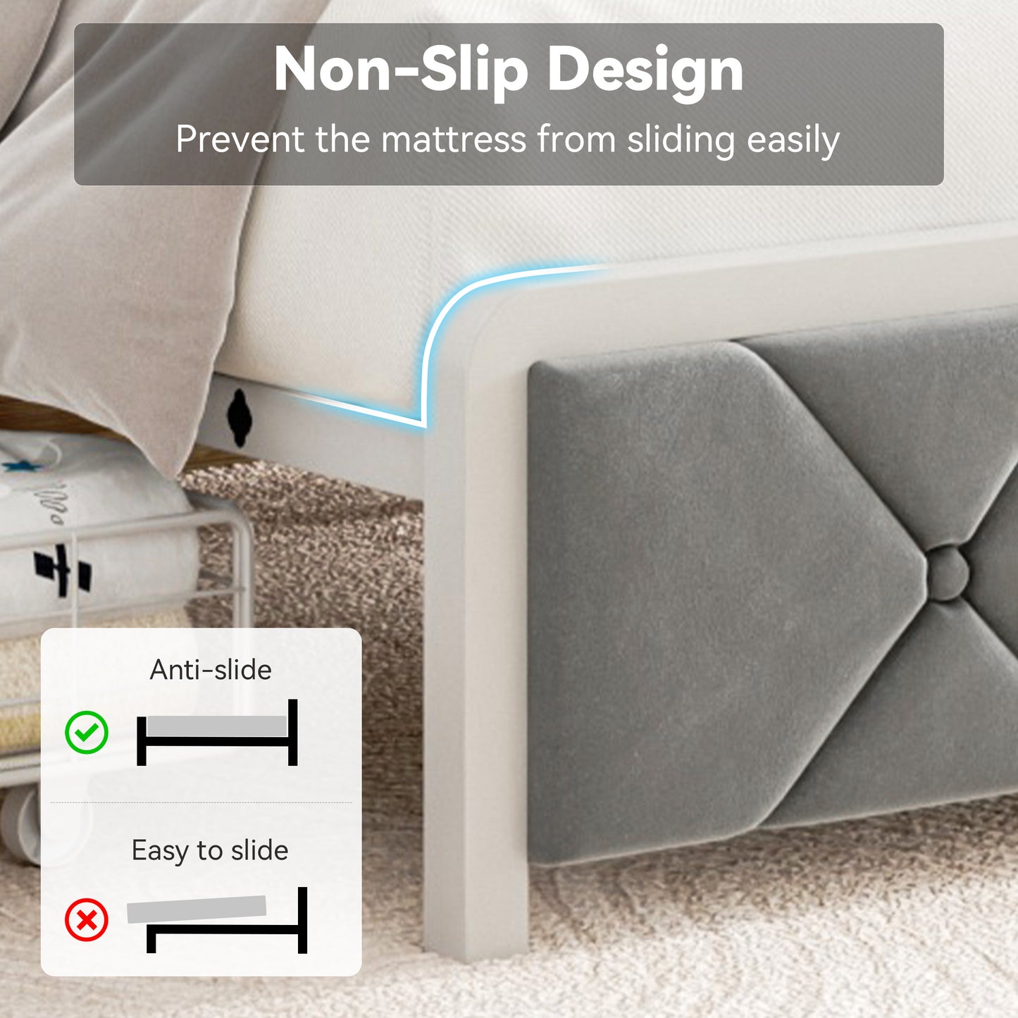 Anyact Full size Bed frame with 2 storage drawers and Headboard Metal Platform Bed Frame & LED Light Headboard, Built in Charging Station and Easy Assembly/Noise-Free, Gray