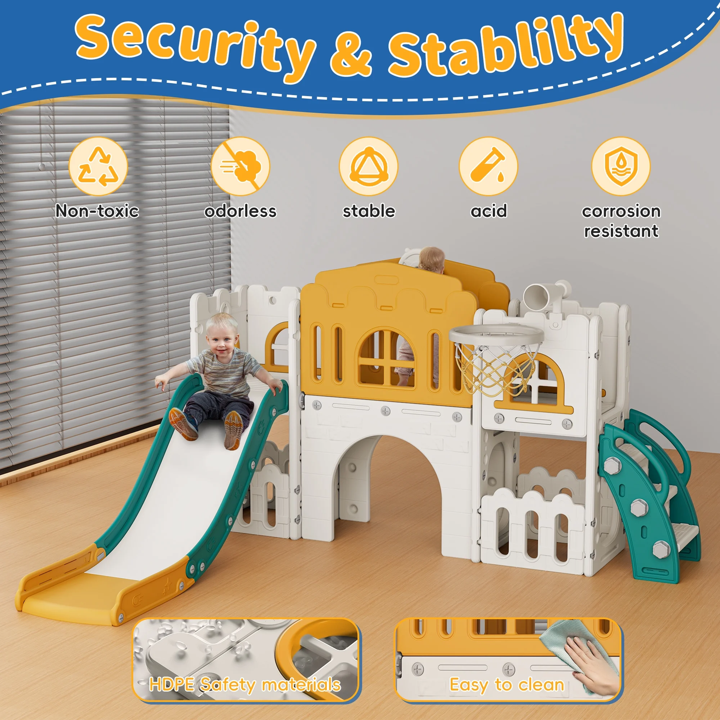 WFUN 9 in 1 Outdoor Freestanding Kids Slide Set for Toddlers Age 1+, Playground Set for Backyard, Yellow & Green