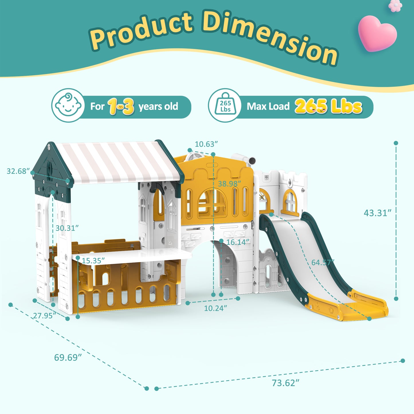 Vipuse Playhouse Playsets with Slide, 9 in 1 Playground Toddler Slide for Indoor Outdoor Backyard,Yellow & Green