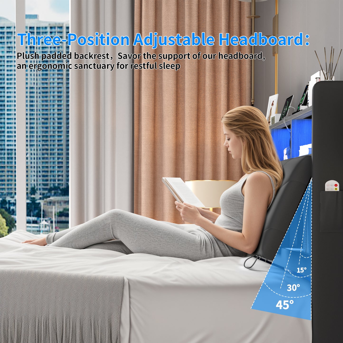 Hijob Floating Upholstered Bed Frame Queen Size with Ergonomic & Adjustable Storage Headboard, Gray