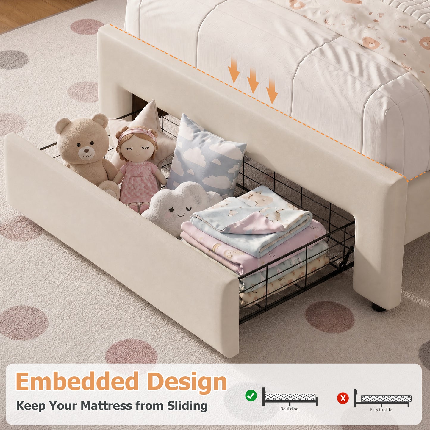 Hijob Twin Size LED Bed Frame for Girls/Kids with Storage Drawers, Velvet Upholstered Platform Bed with Adjustable Headboard, No Box Spring Needed, Beige