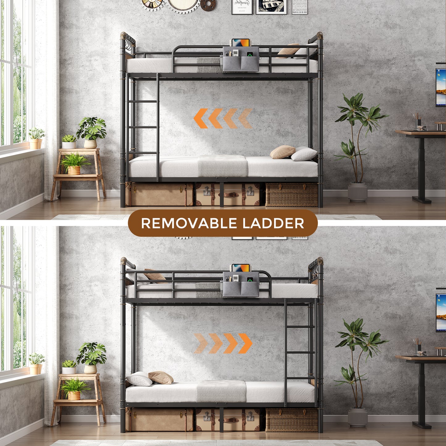 Hijob Twin over Twin Bunk Bed(Convertible into 2 Seperate Beds),Antique Heavy Duty Metal Bed Frame with Storage Bag&Hooks for Adults Teens,Black&Brown