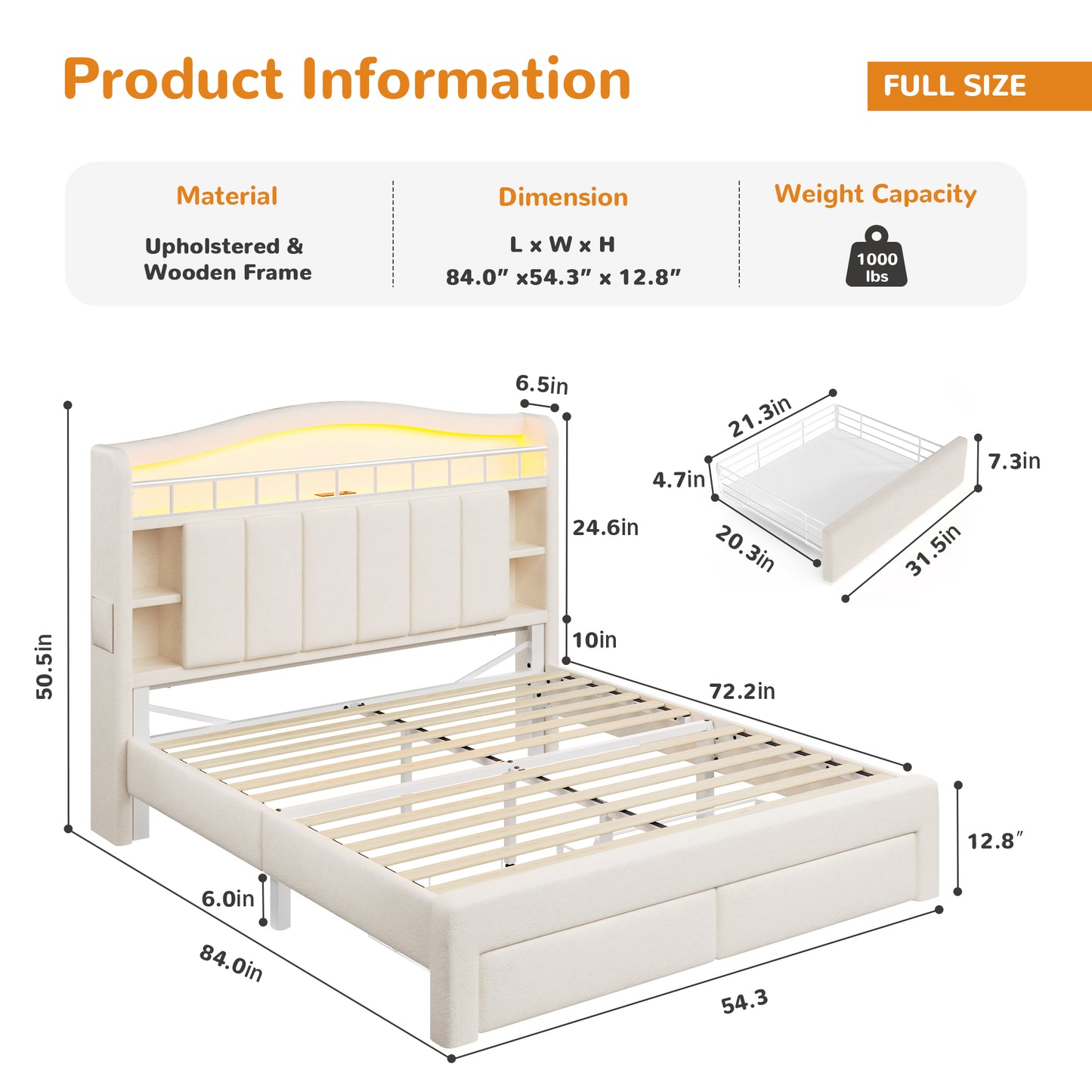 Hijob Beige Velvet Upholstered Platform Full Size LED Bed Frame with Drawer Adjustable Lighted Headboard for Girls Kid's Bedroom