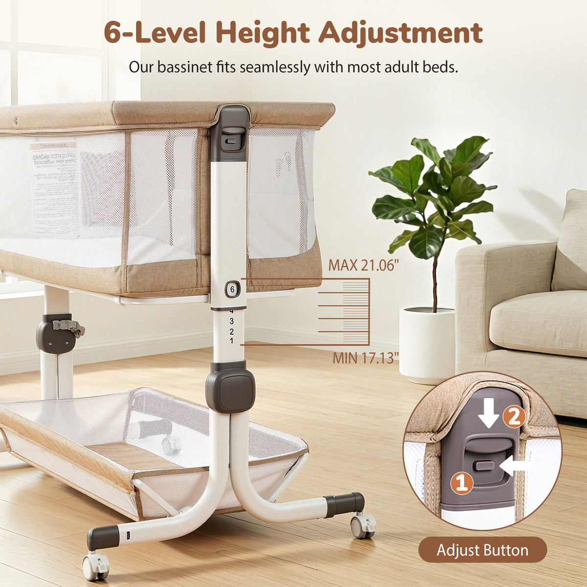 Vipuse 3-in-1 Baby Bassinet Bedside Sleeper, 6 Height Adjustments, Full Mesh Breathable, Portable Newborn Baby Crib with Storage Basket,Oatmeal