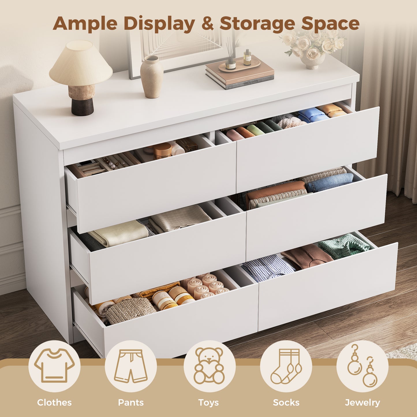 Hijob 6-Drawer Dresser, Modern White Dresser 47.3" Wide Sturdy Simply Chest of Drawers, Handle-Free Storage Organizer and Deep Drawers for Bedroom Living Room Entryway, White