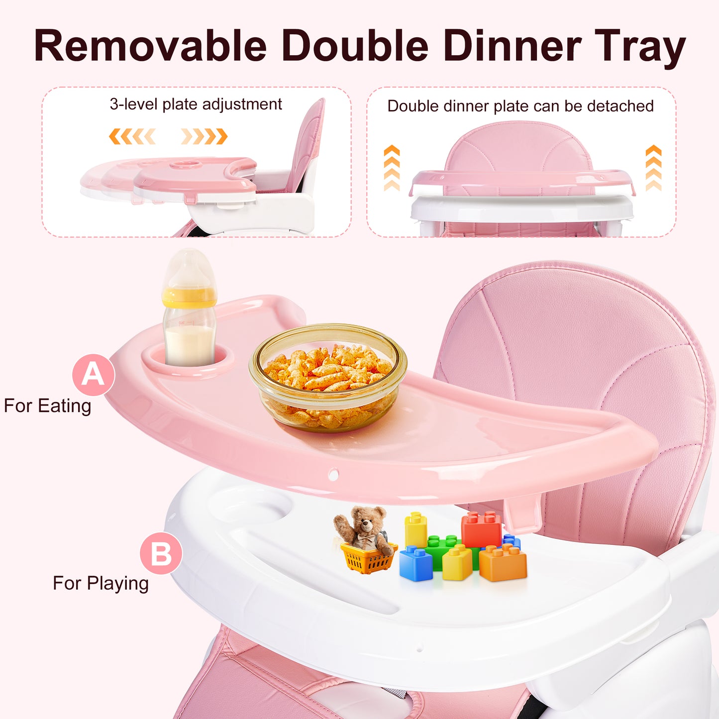 Welbabel Baby High Chair,5-in-1 Convertible Highchair for Babies and Toddlers with 3-Point Seat Belt,Double-layer Dinner Plate,Baby Seat for Walk,Pink