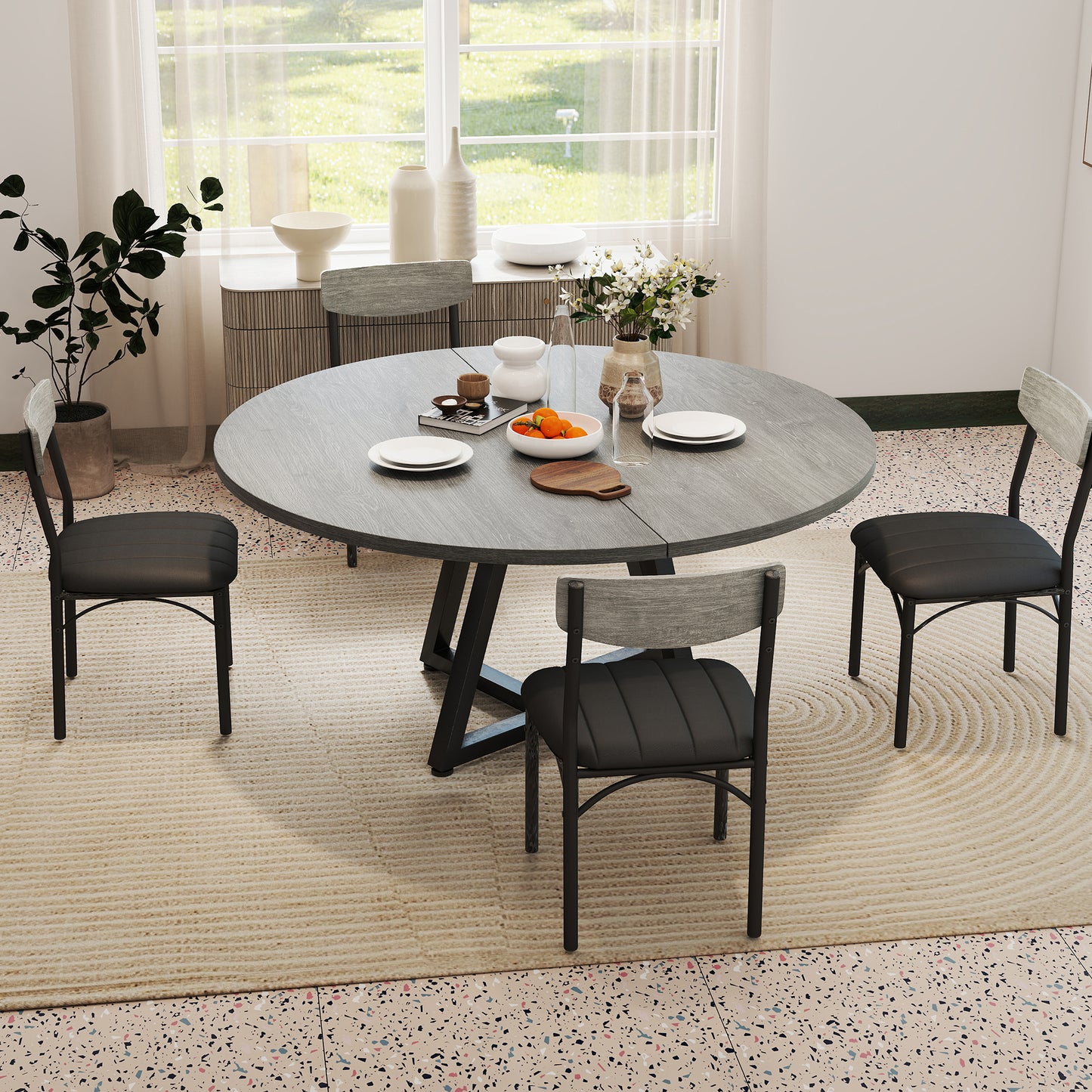 Hijob Dining Chairs Set of 4, Mid-Century Modern Upholstered PU Dining Room Chair, Metal Legs for Kitchen Dining Chairs, Gray