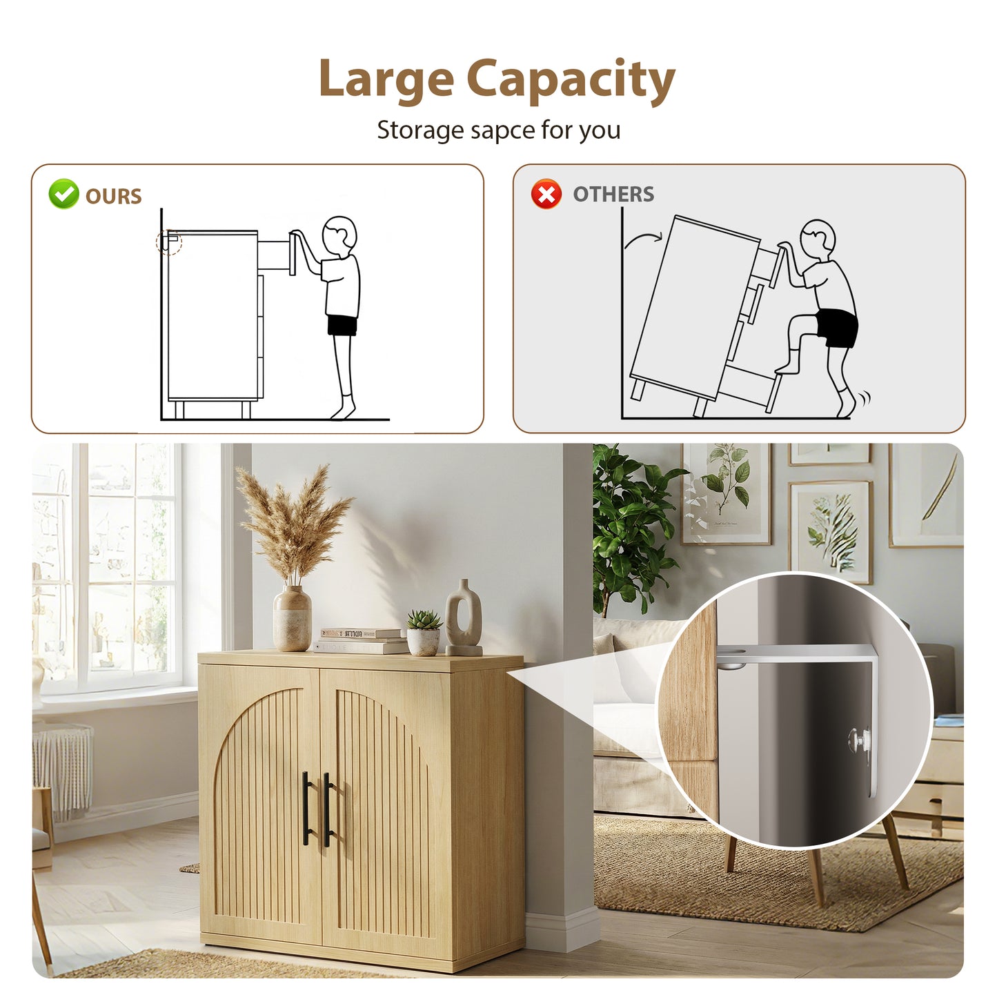 Anyact Modern 2 Door Sideboard, 32" Tall Sideboard Cabinet with Metal Handle w/Curved Profile Design, Wood Mid Century Vertical Dresser w/Natural Texture for Living Room, Natural Oak