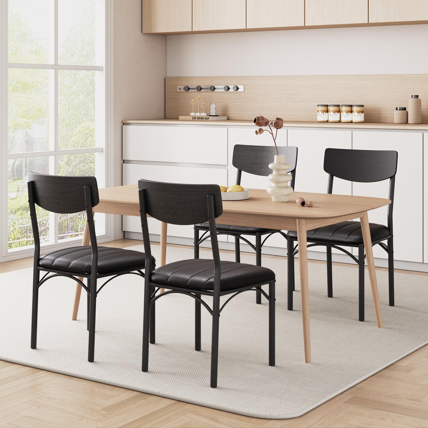 Hijob 18" Dining Chairs Set of 4, Mid-Century Modern Upholstered PU Dining Room Chair, Metal Legs for Kitchen Dining Chairs, Black