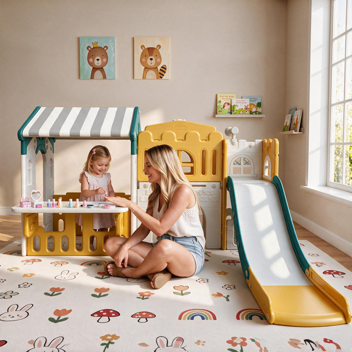 Vipuse Playhouse Playsets with Slide, 9 in 1 Playground Toddler Slide for Indoor Outdoor Backyard,Yellow & Green