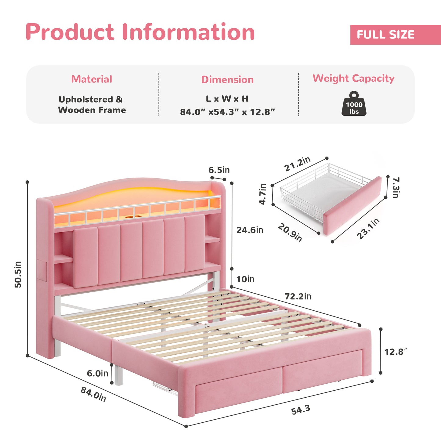 Hijob Pink Velvet Upholstered Platform Full Size LED Bed Frame with Drawer Adjustable Lighted Headboard for Girls Kid's Bedroom, Pink